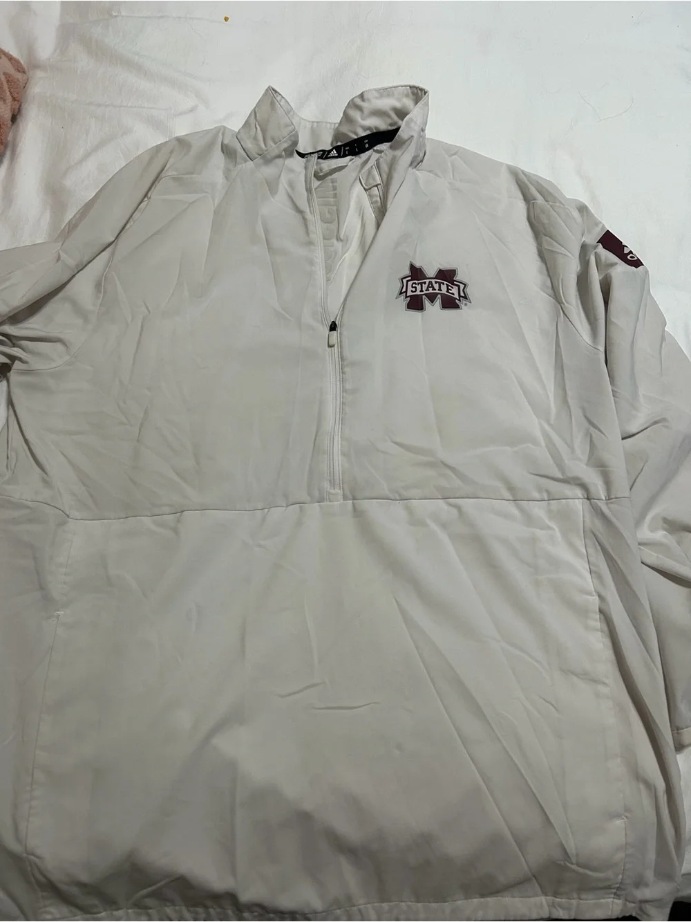 adidas Light Gray Quarter-Zip Windbreaker with Maroon Logo